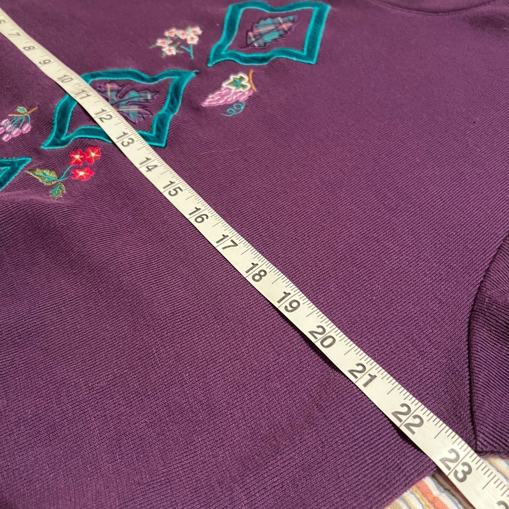 KORET Womens Purple Emerald Green‎ Trim Embroidered Leaf Floral Sweatshirt Large - Picture 6 of 6
